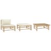 3 pcs conj. lounge p/ jardim em bambu c/ almofadões branco nata