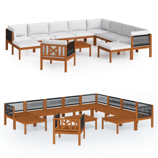 12 pcs conjunto lounge jardim c/ almofadões acácia maciça creme - Image 2
