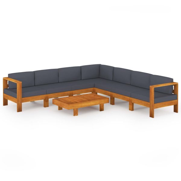 8 pcs conj. lounge de jardim c/ almofadões cinza-escuro acácia - Image 2