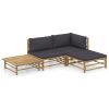 4 pcs conj. lounge jardim em bambu c/ almofadões cinza-escuro