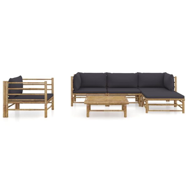 6 pcs conj. lounge jardim em bambu c/ almofadões cinza-escuro - Image 2