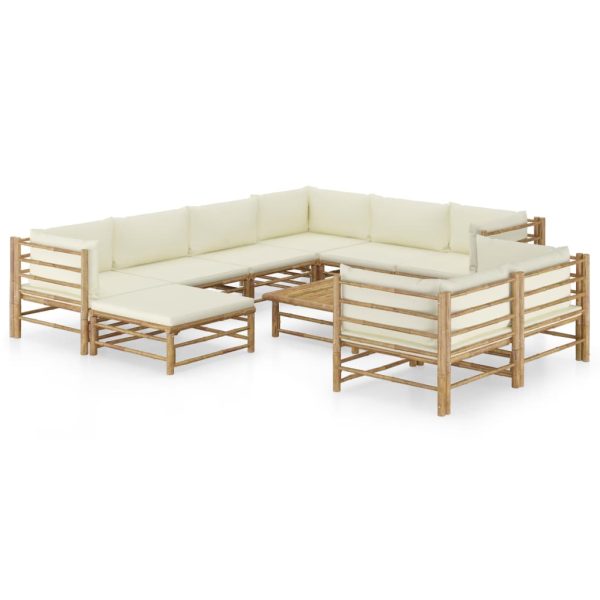 10 pcs conj. lounge jardim em bambu c/ almofadões branco nata