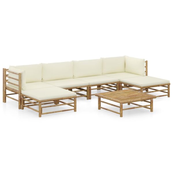 7 pcs conj. lounge p/ jardim em bambu c/ almofadões branco nata