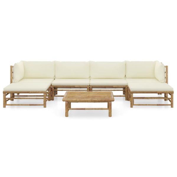 7 pcs conj. lounge p/ jardim em bambu c/ almofadões branco nata - Image 2
