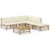 6 pcs conj. lounge p/ jardim em bambu c/ almofadões branco nata