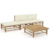 4 pcs conj. lounge p/ jardim em bambu c/ almofadões branco nata