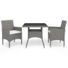 3 pcs conjunto de jantar para jardim vime PE e vidro cinzento