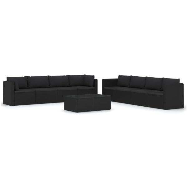 9 pcs conjunto lounge de jardim c/ almofadões vime PE preto - Image 2