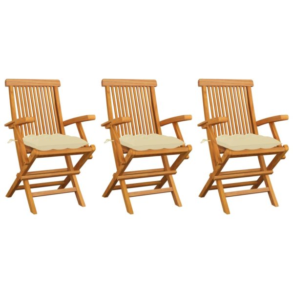 Cadeiras de jardim c/ almofadões branco nata 3 pcs teca maciça