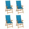 Cadeiras de jardim c/ almofadões azuis 4 pcs teca maciça