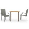 3 pcs conjunto de jantar para jardim vime PE cinzento
