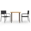 3 pcs conjunto de jantar para jardim vime PE preto