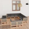 11 pcs conjunto lounge de jardim c/ almofadões pinho maciço