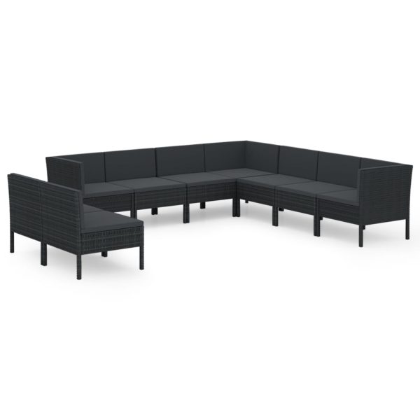 9 pcs conjunto lounge de jardim c/ almofadões vime PE preto - Image 2