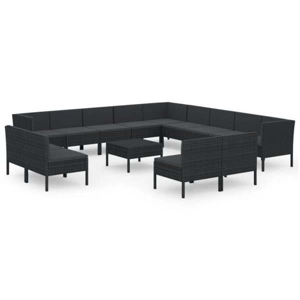14 pcs conjunto lounge de jardim c/ almofadões vime PE preto - Image 2