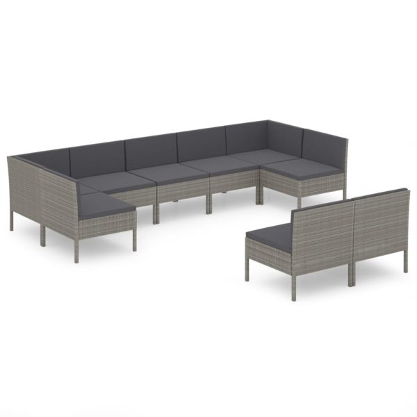9 pcs conjunto lounge de jardim c/ almofadões vime PE cinzento - Image 2