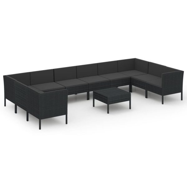 11 pcs conjunto lounge de jardim c/ almofadões vime PE preto - Image 2