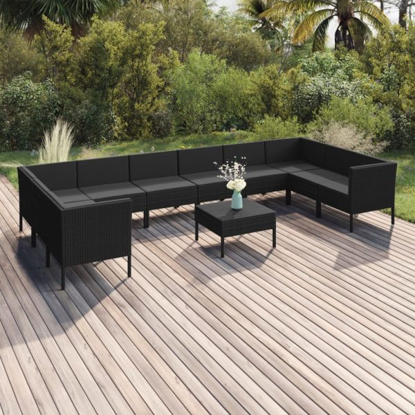 11 pcs conjunto lounge de jardim c/ almofadões vime PE preto