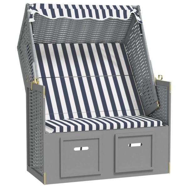 Strandkorb com toldo vime PE e madeira maciça azul e branco - Image 2