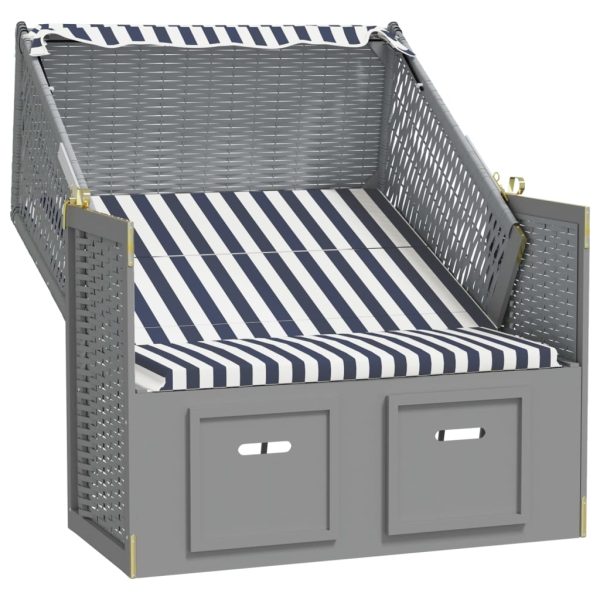 Strandkorb com toldo vime PE e madeira maciça azul e branco - Image 3