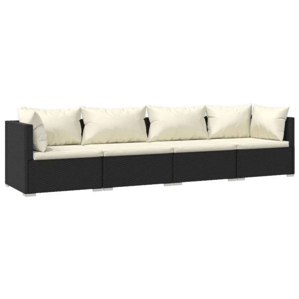 4 pcs conjunto lounge de jardim c/ almofadões vime PE preto - Image 2