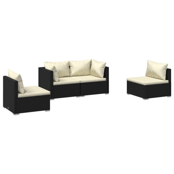 4 pcs conjunto lounge de jardim c/ almofadões vime PE preto - Image 2