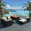 10 pcs conjunto lounge de jardim c/ almofadões vime PE preto