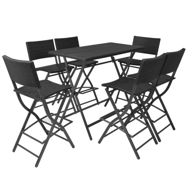 7 pcs conjunto de jantar dobrável jardim aço e vime PE preto - Image 2