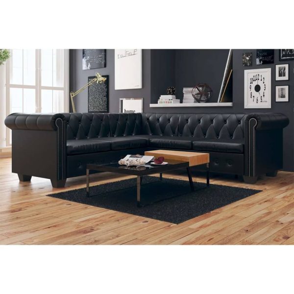 Sofá de canto Chesterfield 5 lugares couro artificial preto
