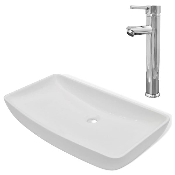 Lavatório com torneira misturadora cerâmica retangular branco - Image 2
