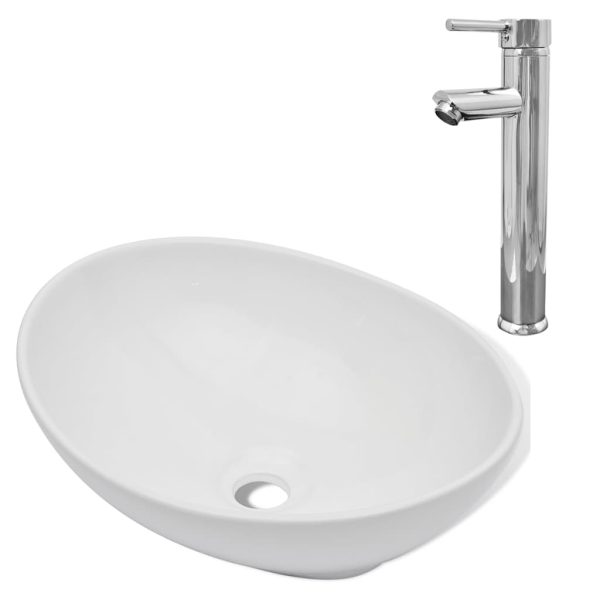 Lavatório com torneira misturadora cerâmica oval branco - Image 2
