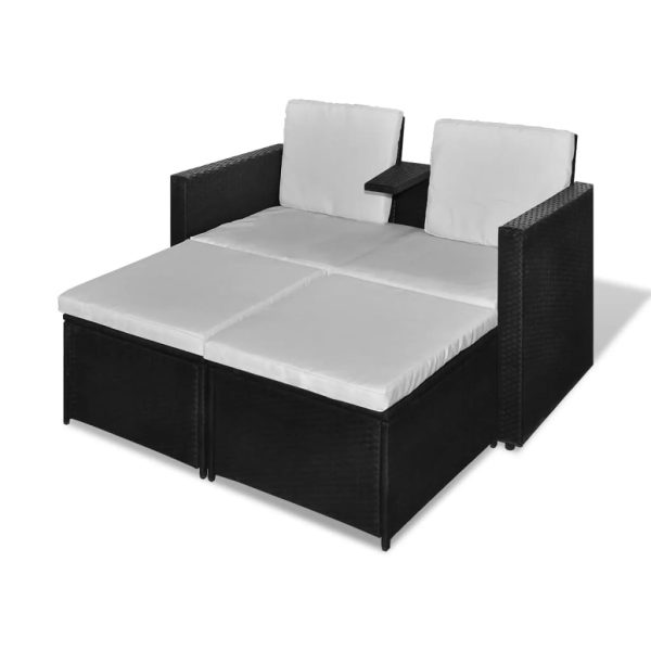 4 pcs conjunto lounge de jardim c/ almofadões vime PE preto - Image 2