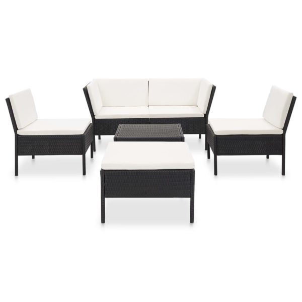 6 pcs conjunto lounge de jardim c/ almofadões vime PE preto - Image 2