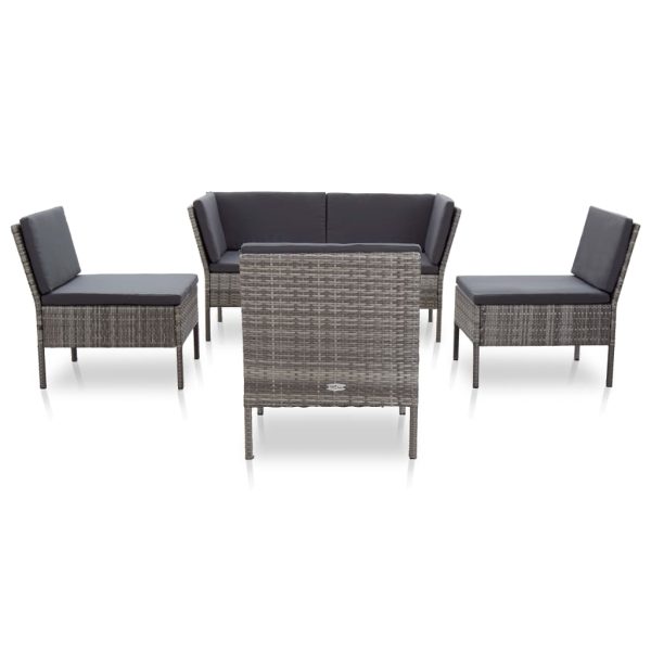 6 pcs conjunto lounge de jardim c/ almofadões vime PE cinzento - Image 2
