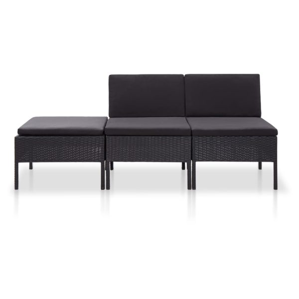 3 pcs conjunto lounge de jardim c/ almofadões vime PE preto - Image 2