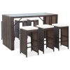 7 pcs conjunto bar para jardim c/ almofadões vime PE castanho