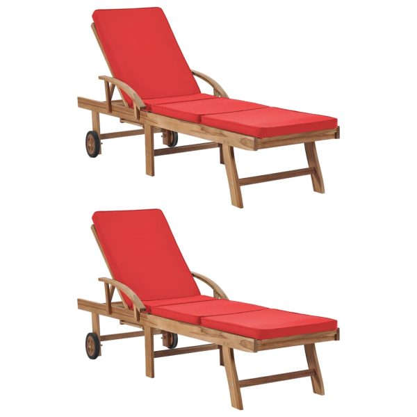 Espreguiçadeiras c/ almofadões 2 pcs teca maciça vermelho
