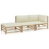 3 pcs conj. lounge p/ jardim em bambu c/ almofadões branco nata