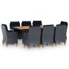 9 pcs conj. jantar exterior c/ almofadões vime PE cinza-escuro