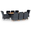 9 pcs conj. jantar exterior c/ almofadões vime PE cinza-escuro