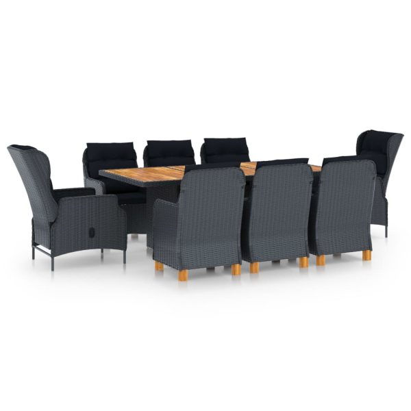 9 pcs conj. jantar exterior c/ almofadões vime PE cinza-escuro
