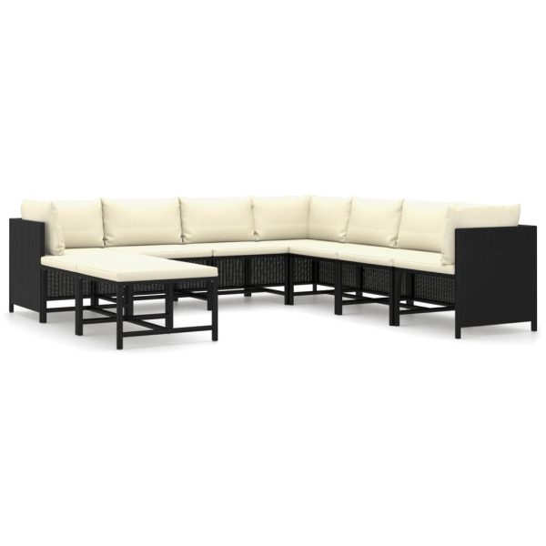 9 pcs conjunto lounge de jardim c/ almofadões vime PE preto - Image 2