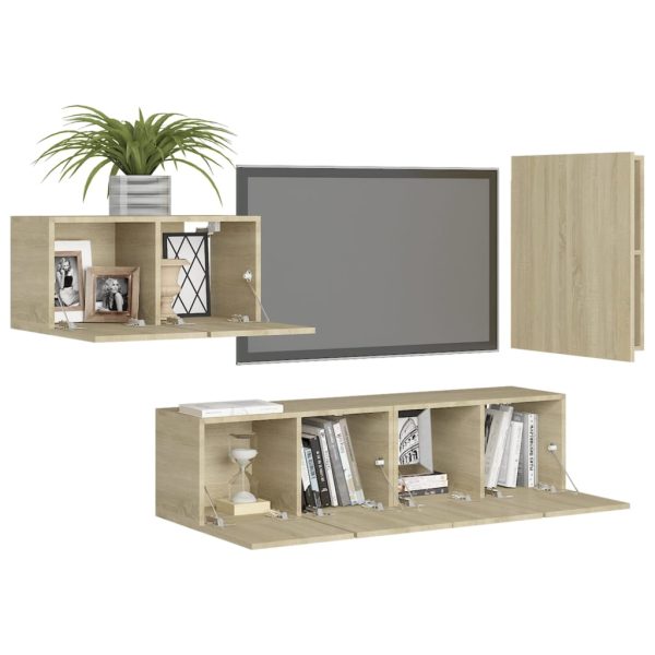 4 pcs conjunto de móveis de TV contraplacado carvalho sonoma - Image 3