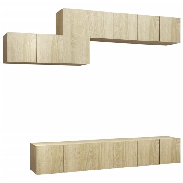 7 pcs conjunto de móveis de TV contraplacado carvalho sonoma - Image 2