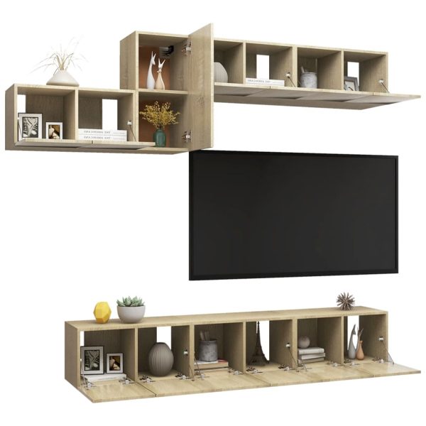 7 pcs conjunto de móveis de TV contraplacado carvalho sonoma - Image 3