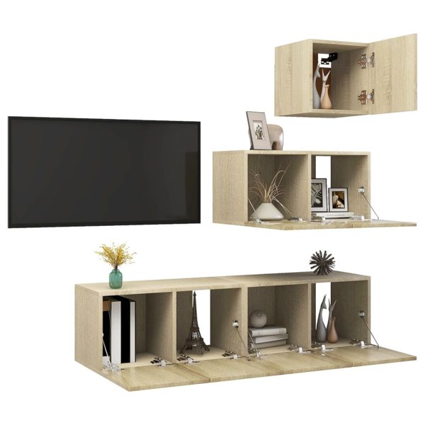 4 pcs conjunto de móveis de TV contraplacado carvalho sonoma - Image 3