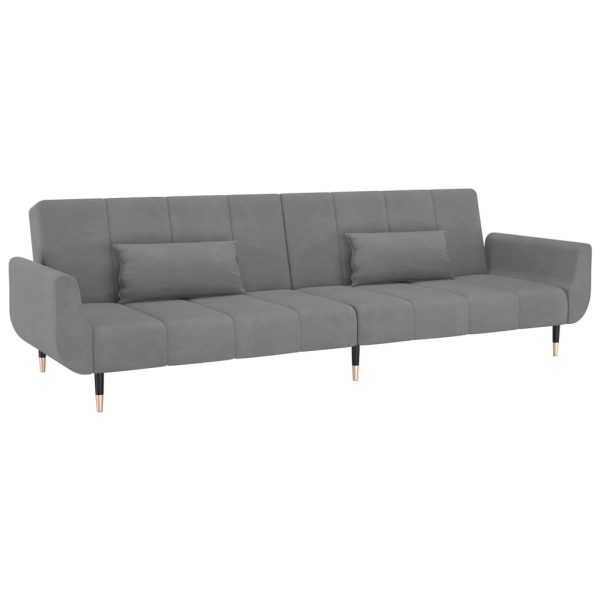 Sofá-cama 2 lugares com duas almofadas veludo cinzento-claro - Image 2
