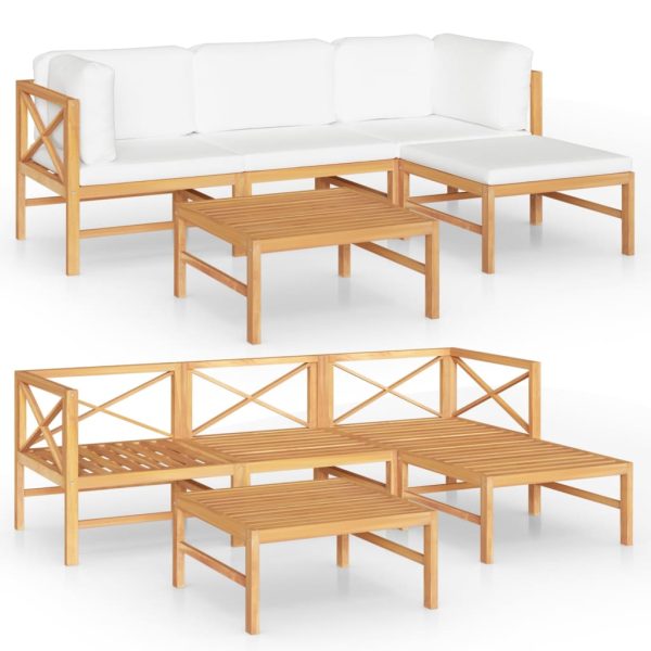 5 pcs conj. lounge de jardim + almofadões cor creme teca maciça - Image 2