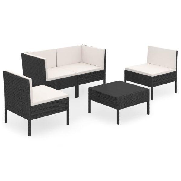 5 pcs conjunto lounge de jardim c/ almofadões vime PE preto - Image 2