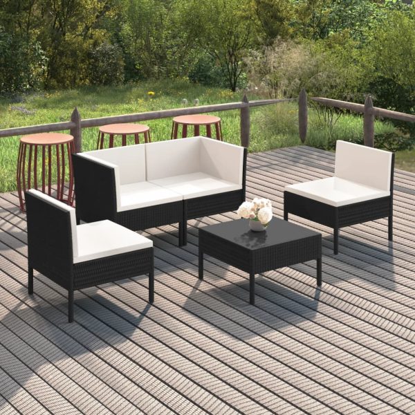 5 pcs conjunto lounge de jardim c/ almofadões vime PE preto